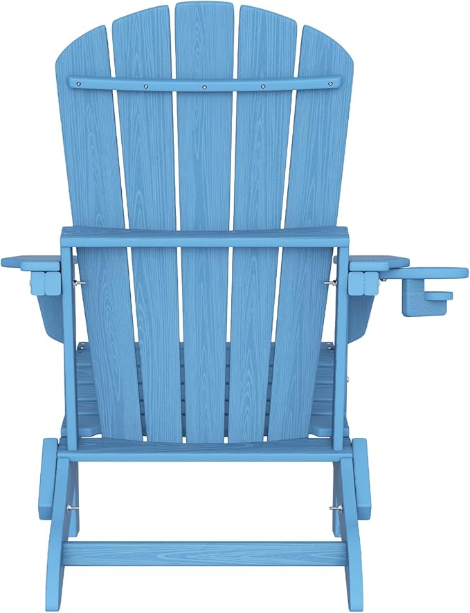 Folding Adirondack Chair Set of 2 with Cup Holder,Heavy All-Weather,Wooden Textured,HDPE Outdoor Chairs, Patio Backyard Fire Pit, Light Blue