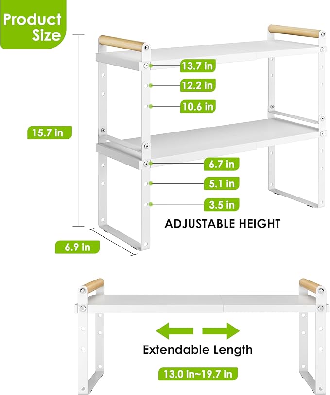 DOLALIKE Expandable kitchen Countertop Organizer, Stackable Cabinet Shelf Organizers, Space Saving Spice Rack Pantry Storage for Bathroom Office Organization (6.9'D*13-19.7''W*15.7''H, White)