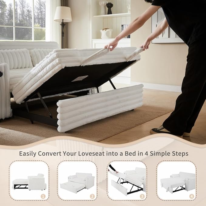 68" Corduroy Convertible Sofa Bed with USB, Storage Armrests & Pillows – 3-in-1 Foldable Sleeper Chair Floor Couch for Living Room, Bedroom, Guest Room (ZY-1109-White)