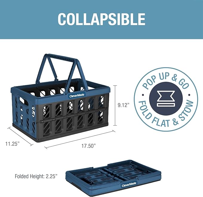 CleverMade Collapsible Shopping Basket, Ocean, 3PK - 24L (6 Gal) Reusable Plastic Grocery Shopping Baskets, Holds 25lbs Per Basket - Small Foldable Storage Crates with Handles