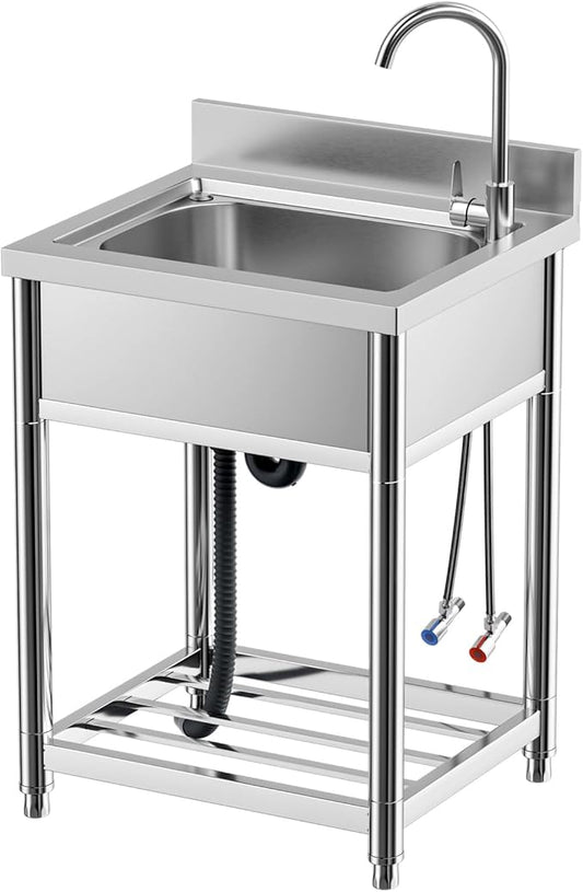 Free Standing Stainless-Steel Single Bowl Commercial Restaurant Kitchen Sink Set w/Faucet, Prep & Utility Washing Hand Basin w/Storage Shelve, laundry tub for Indoor Outdoor (22in)