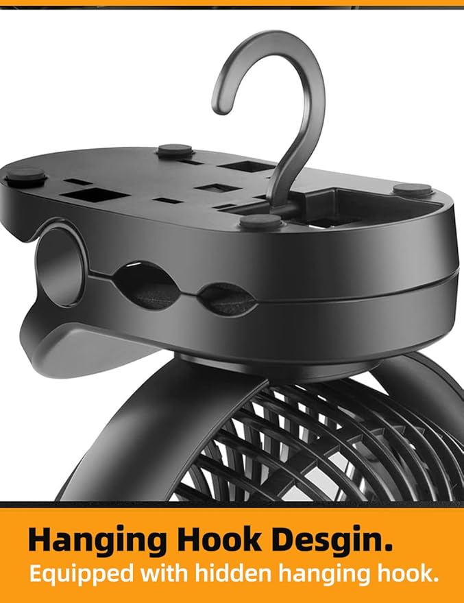 6'' Portable Hanging RV Tent fan with Remote Control,10000mAh Battery Camping Fan with LED light and Timer, 40 Hours Working Time Rechargeable Clip Fan, as Emergency Power - Black