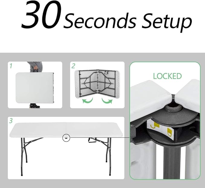 6FT Picnic Table Folding Table Camping Table Plastic Table Fold Up Table Lock for Party Event,White