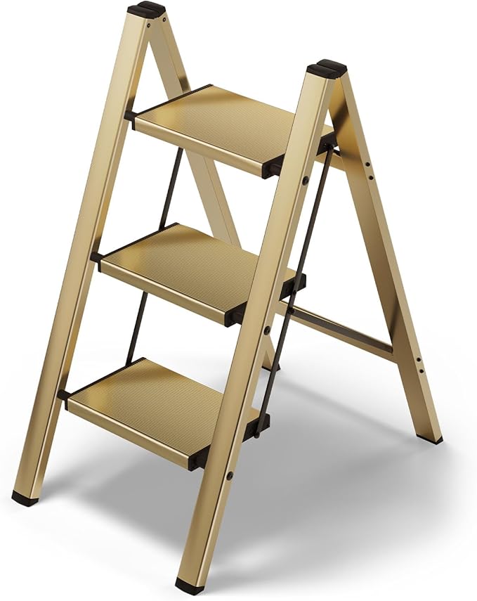HillhutApex 3 Step Stool, Aluminum Foldable Step Ladder, Lightweight Stable Stool with Wide Non-Slip Pedals, 330lbs Bearing Capacity Ladder for Office,Home,Kitchen - Gold