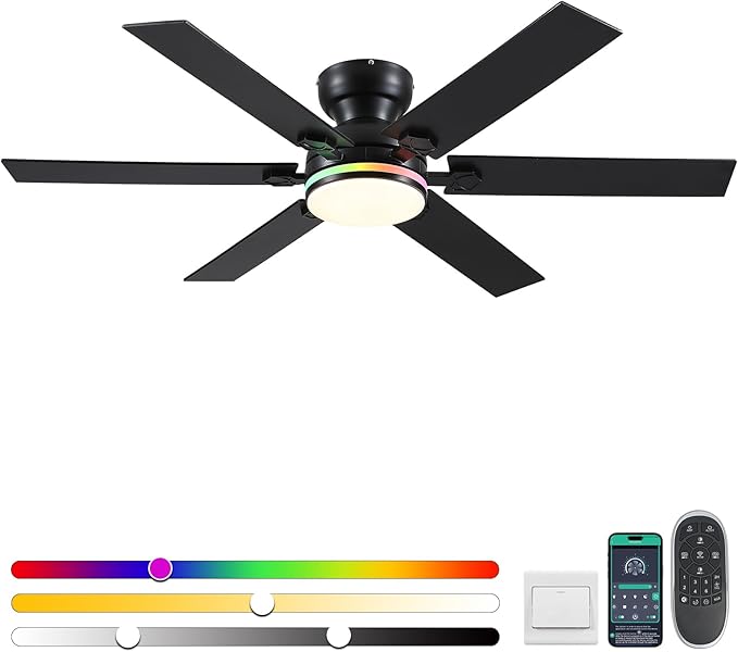 52" RGB Ceiling Fans with Lights and Remote/APP,Black Low Profile Ceiling Fans with Quiet Reversible DC Motor,Modern Flush Mount Fans Light for Bedroom Kids Room