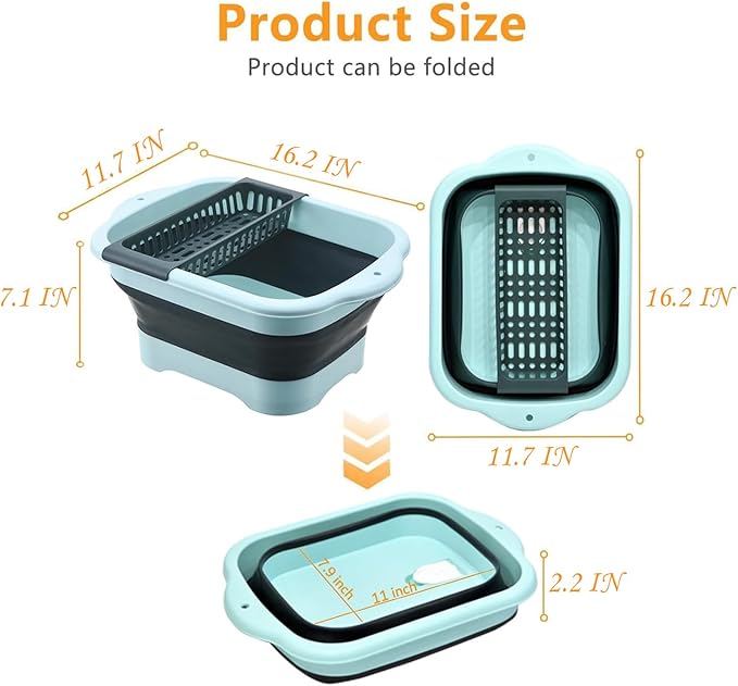 2.77 Gallon (10.5L) Collapsible Dish Basin with Drain Plug, Outdoor Multiuse Foldable Sink Tub, Dishpan, Wash Basin, Portable Kitchen Storage Tray for Camping, RV, Beverage Bucket (Yellow)