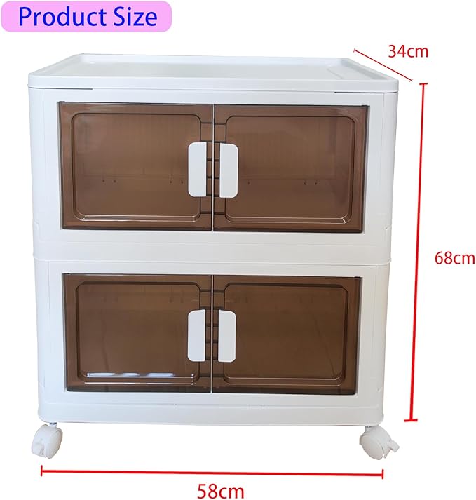 32 Gals Storage Bins with Lids - Folding Storage box with Doors and Wheels, Collapsible Plastic Storage Bins for Closets, Stackable Storage Organizer, (2 packs)