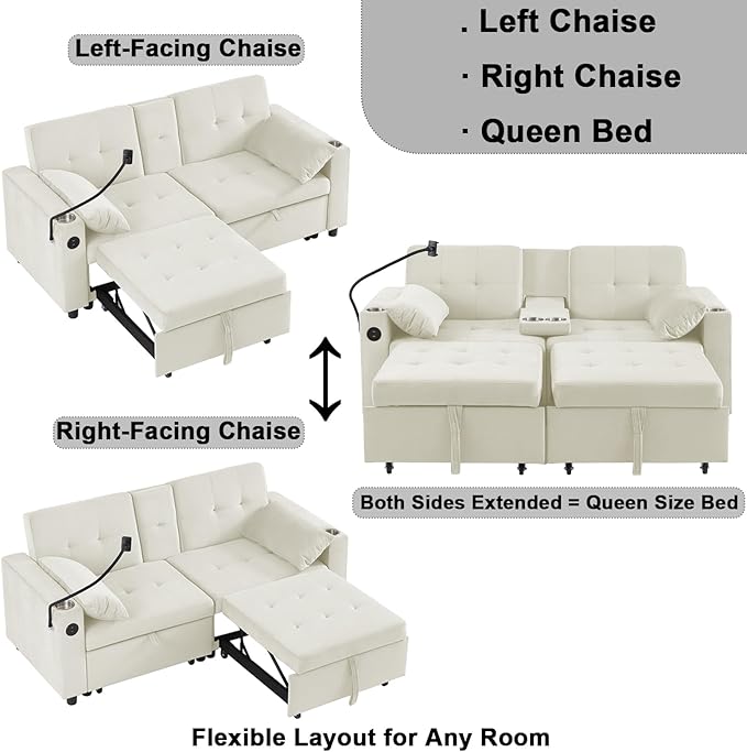70" Queen Size Sofa Bed for Living Room – Pull-Out Sleeper Sofa Couch with Cup Holder, Phone Holder, USB Charging Port, Solid Wood Frame, Easy Assembly, Space-Saving Design for Small Apartments