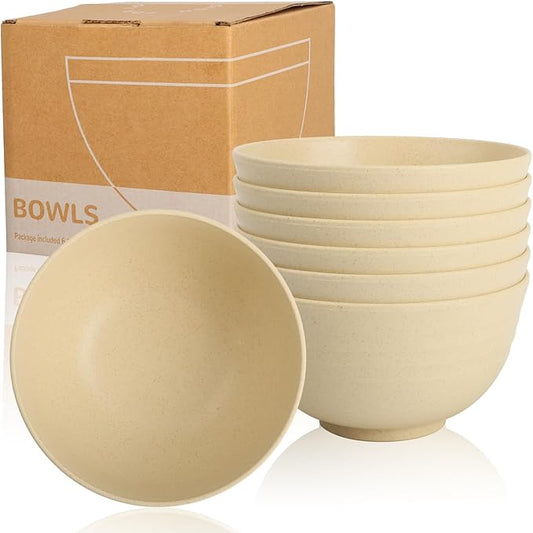 6-piece Wheat Straw Bowls sets 26oz,Alternative Plastic Bowls Reusable for indoors and outdoors,Microwave-able and Dishwasher Safe Bowls Sets Easy to Clean.Beige Series