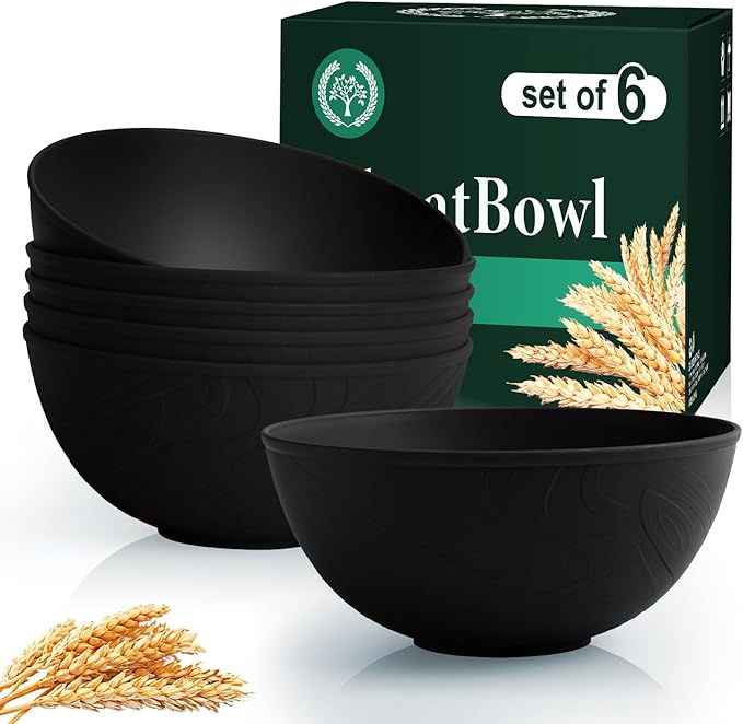 Homienly Wheat Straw Salad Bowls Set of 6, Alternative to Plastic Bowls Reusable, Microwave and Dishwasher Safe Bowl Set, 40 OZ Large Capacity for Cereal, Soup, Popcorn, Ramen, Anti-Slip Texture-Black