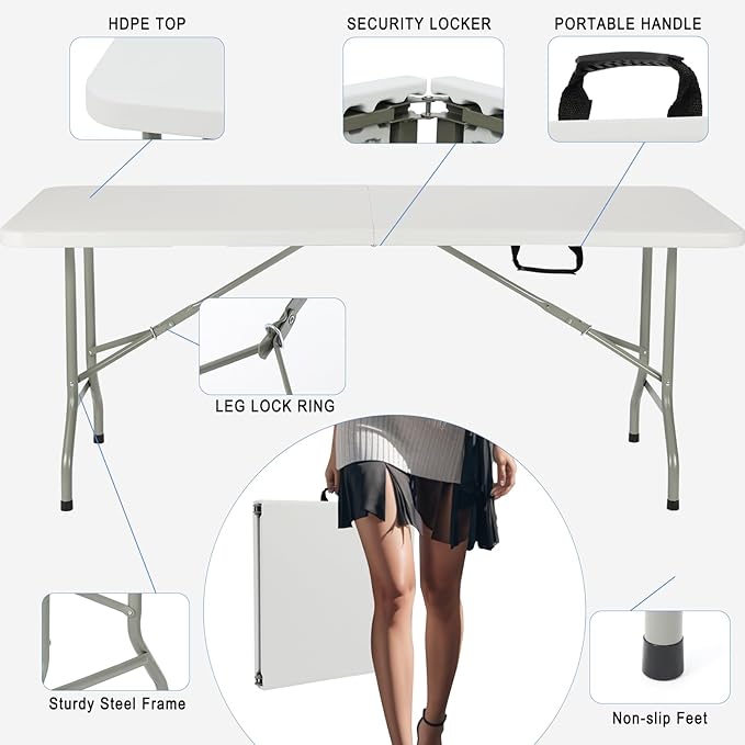 6ft Heavy Duty Portable Folding Table - Plastic Dining Table Indoor/Outdoor White Plastic Table for Parties, BBQs, and Camping