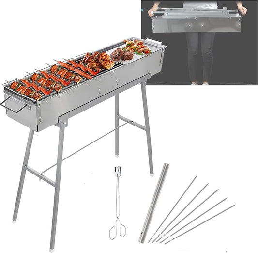 IRONWALLS Portable Charcoal Grills, L 32” x W 8” x H 31” Stainless Steel Folding Yakitori Grill with 25PCS 15” Kebab Skewers for Backyard Barbecue Outdoor Cooking Camping Hiking Picnic