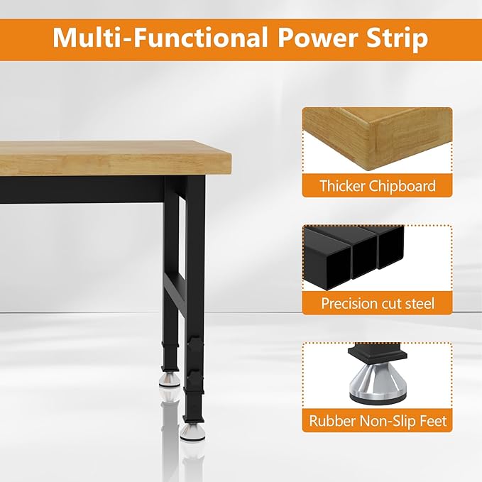 48" Work Bench, Adjustable Height Workbench with Rubber Pad, Heavy-Duty Work Table with Power Outlets, 2000 LBS Capacity Workstation for Garage, Workshop, Office, Home