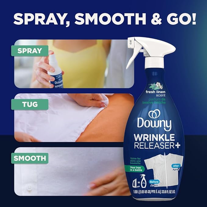 Downy Wrinkle Releaser Spray All In One Wrinkle Release Spray Travel Size, Odor Eliminator, Static Remover Fabric Refresher & Ironing Aid for Clothes 3 Fl Oz (Pack of 2), Crisp Linen Scent