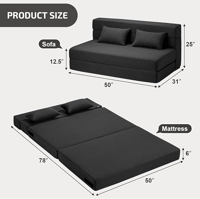 Folding Sofa Bed with Pillows- Convertible Chair Floor Couch & Sleeping Mattress, Foldable Memory Foam Sleeper for Living Room/Dorm/Guest Room/Home Office/Apartment/Loft, Full, Dark Gray
