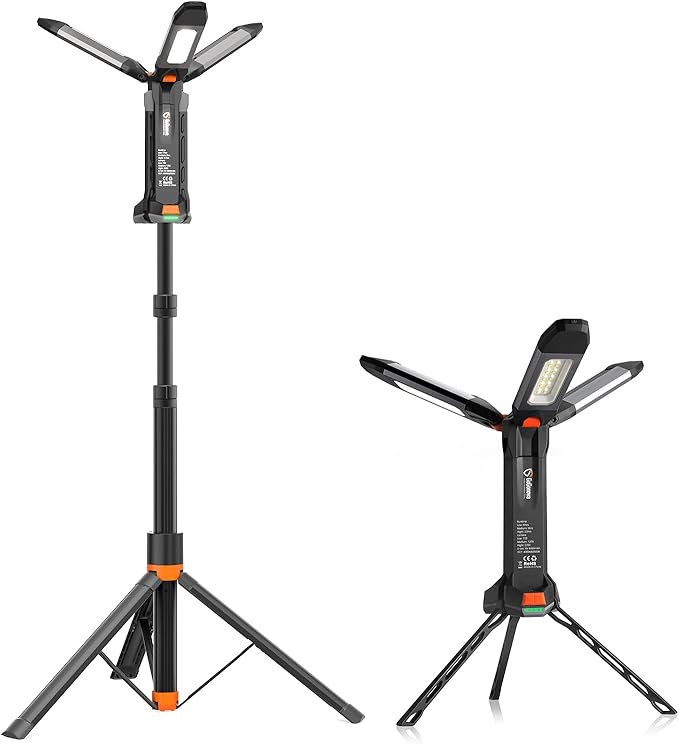 gogonova 2025 Rechargeable Work Light with Stand, 4 in 1 Cordless Camping Light, 700/1200/2200 Lumens, 4000/6500K Dimmable LED Work Lamp with Detachable Tripod（Grey）