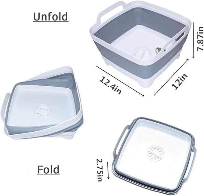 9L (2.4Gal) Dish Basin Collapsible with Drain Plug Carry Handles,Kitchen Storage Tray Dish Wash Basin, Portable Dish Tub, Foldable Dishpan for Camping,RV,Gray
