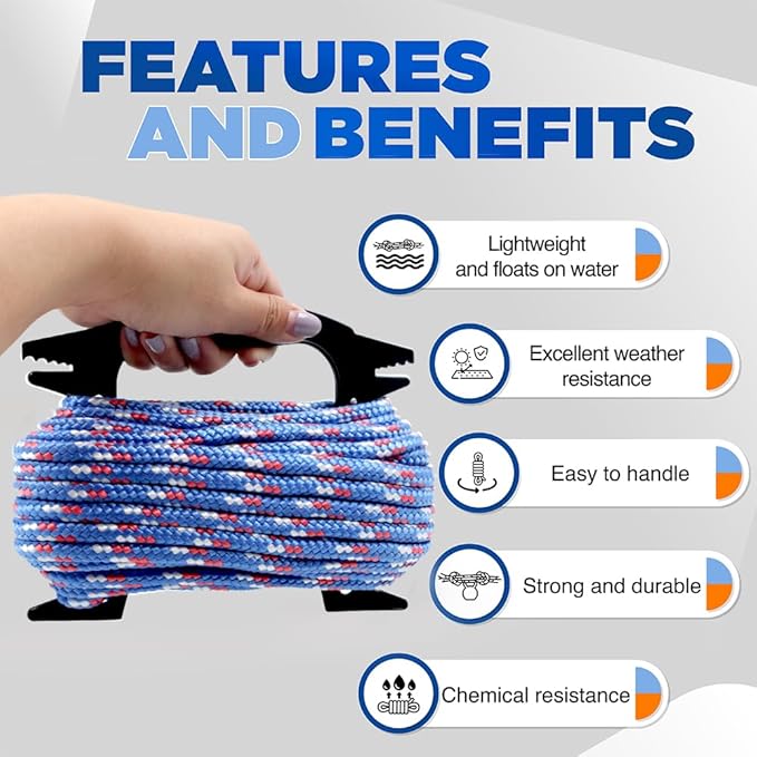 Braided Polypropylene Rope, 5/16" x 50FT, Blue/White/Red - Multi-Purpose for Camping, Hiking, Climbing, Boating & Securing Gear