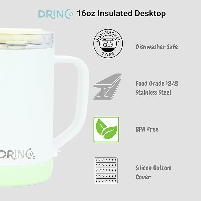 Drinco 16 oz Coffee Mug, Vacuum Insulated Camping Mug with Lid, Double Wall Stainless Steel Travel Mug Insulated Tumblers Coffee Mugs Coffee Cups Tea Cup (16oz Artic White)