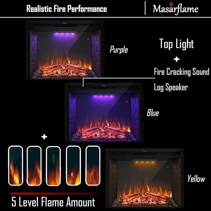 33'' Electric Fireplace Insert, Retro Recessed Fireplace Heater with Fire Cracking Sound, Remote Control & Timer, 750/1500W, Black