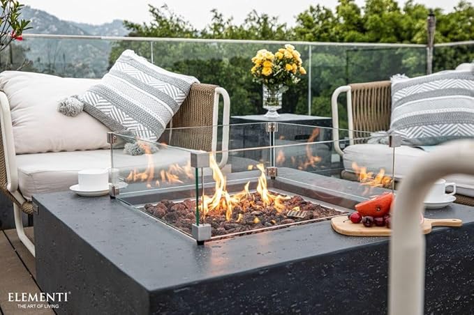 Elementi | Bundle Manhattan Gas Fire Pit Cast Concrete 36" Square Fire Table, Outdoor Fire Pit Electronic Ignition | Canvas Cover, Lava Rock Included | Dark Gray (Propane Gas)