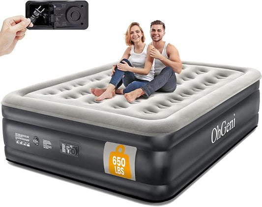 OhGeni Queen Air Mattress with Built in Pump, Inflatable Blow Up Mattress 18 Raised Comfort,Upgraded Surface Portable Mattress, Air Bed for Camping, Home and Guest, Colchone Inflable, 650 lbs Max