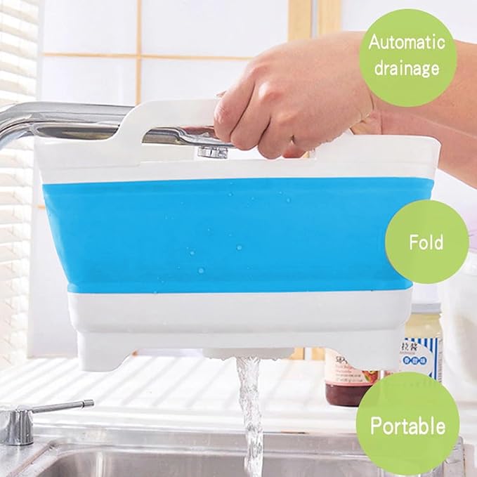 9L (2.4Gallon) Dish Basin Collapsible with Drain Plug Carry Handles , Space Saveing Kitchen Storage Tray Dish Wash Basin, Portable Dish Tub for Camping ,RV,Blue