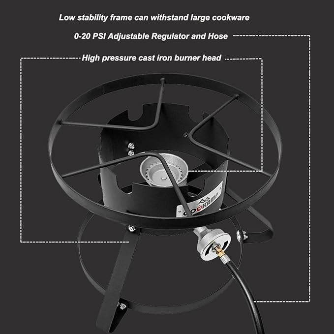 High Pressure Gas Burner 1-Burner Outdoor Propane Gas Cooker with 0-20 PSI Adjustable Regulator and Hose (BLACK) SA1600