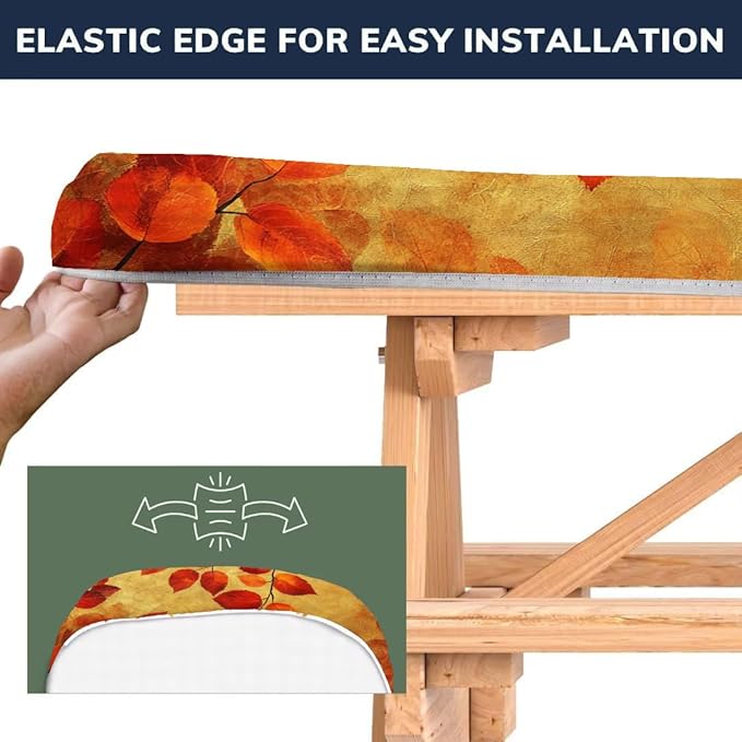 CAPSCEOLL Fitted Picnic Table Cover with Bench Covers with Elastic 8Ft Waterproof Camping Picnic Table Cover Cloths for Outdoors Camping Tablecloth with Drawstring Bag, 96X30in, Burnt Orange Leaves