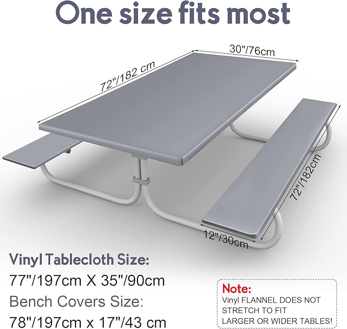 3 Pcs Picnic Table and Bench Fitted Tablecloth Cover for 6 Ft Table 30 x 72 Inch Vinyl Fitted Elastic Edges Waterproof Wipeable Tablecloth for Indoor Outdoor Travel Picnics Patio Camping (Grey)