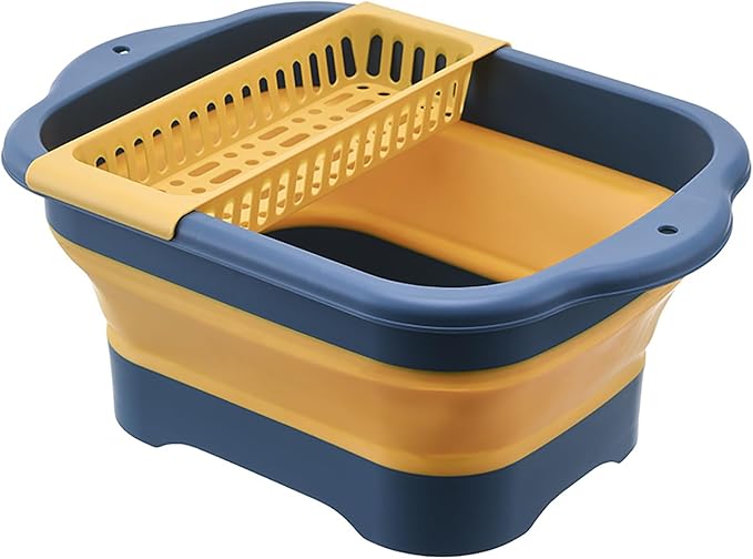 2.77 Gallon (10.5L) Collapsible Dish Basin with Drain Plug, Outdoor Multiuse Foldable Sink Tub, Dishpan, Wash Basin, Portable Kitchen Storage Tray for Camping, RV, Beverage Bucket (Yellow)