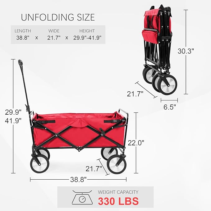 Collapsible Wagon Folding Wagon Garden Cart with Large Capacity, Portable Utility Wagon Cart Heavy Duty for Beach Camping Shopping Garden, Red