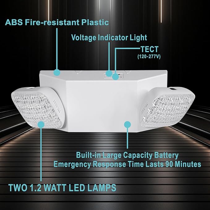 AKT LIGHTING Commercial Emergency Light, UL Certified, White Emergency Light Fixture with 2 LED Square Heads Adjustable & Backup Batteries Exit Lighting Pack of 6