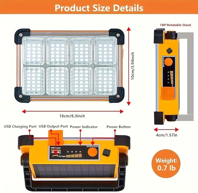 120W LED Solar Work Light, 144 LED 10000LM Portable Flood Light with Stand, 4 Modes Rechargeable, IP65 Waterproof Outdoor Working Light for Camping, Fishing, Car Repair & Mechanics (1)