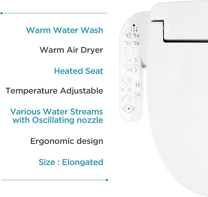 Blooming NB-1360E Bidet Toilet Seat, Warm Water with Stainless Steel Nozzle, Warm Air Dryer, Heated Toilet Seat, Sittable Lid, Nightlight, Fits Elongated Toilets, White (Elongated)