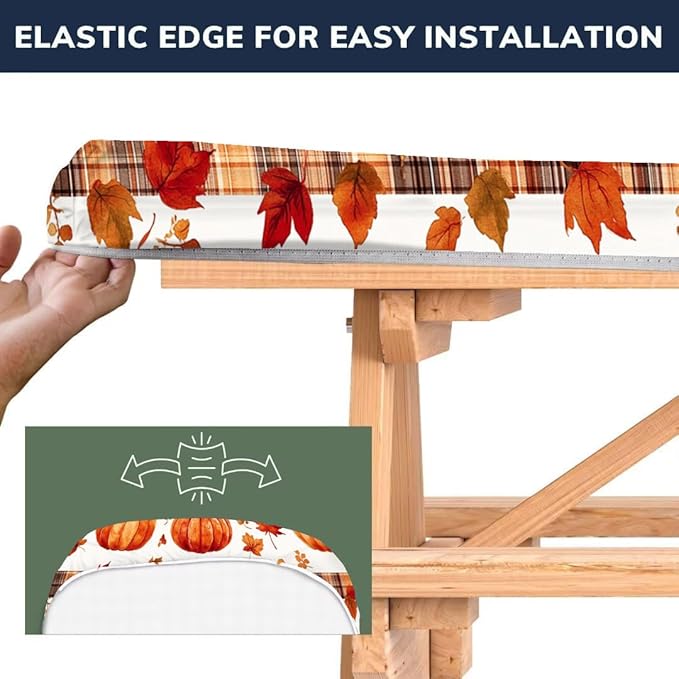 CAPSCEOLL Fitted Picnic Table Cover with Bench Covers with Elastic 8Ft Waterproof Picnic Table Cloths Windproof Outdoor Camping Tablecloth with Drawstring Bag, 96X30in, Pumpkins Leaf