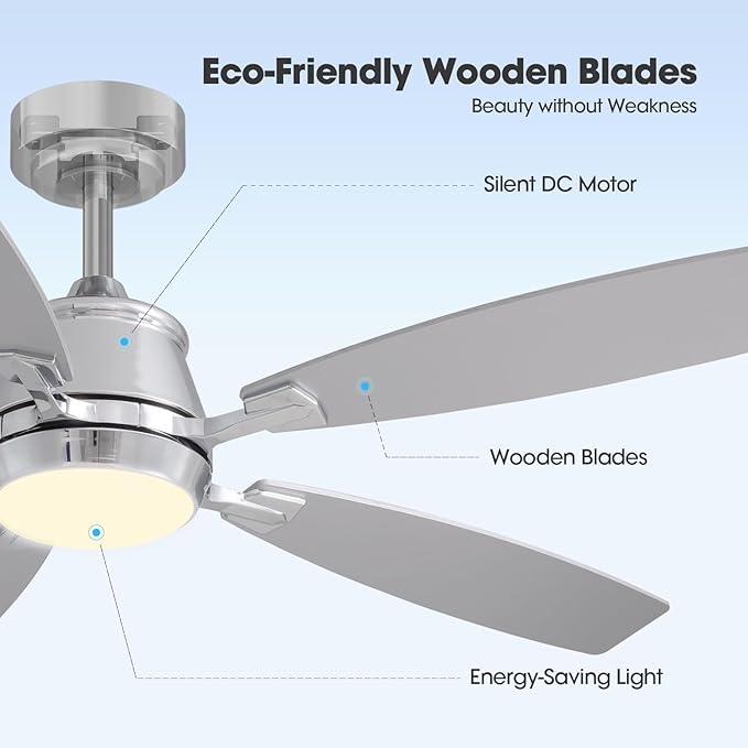 52" Ceiling Fan with Light, Modern Low Profile Ceiling Fan with Light, DC Reversible Motor, Smart APP & Remote Control, Whisper Quiet, Dimmable LED for Bedroom/Living Room