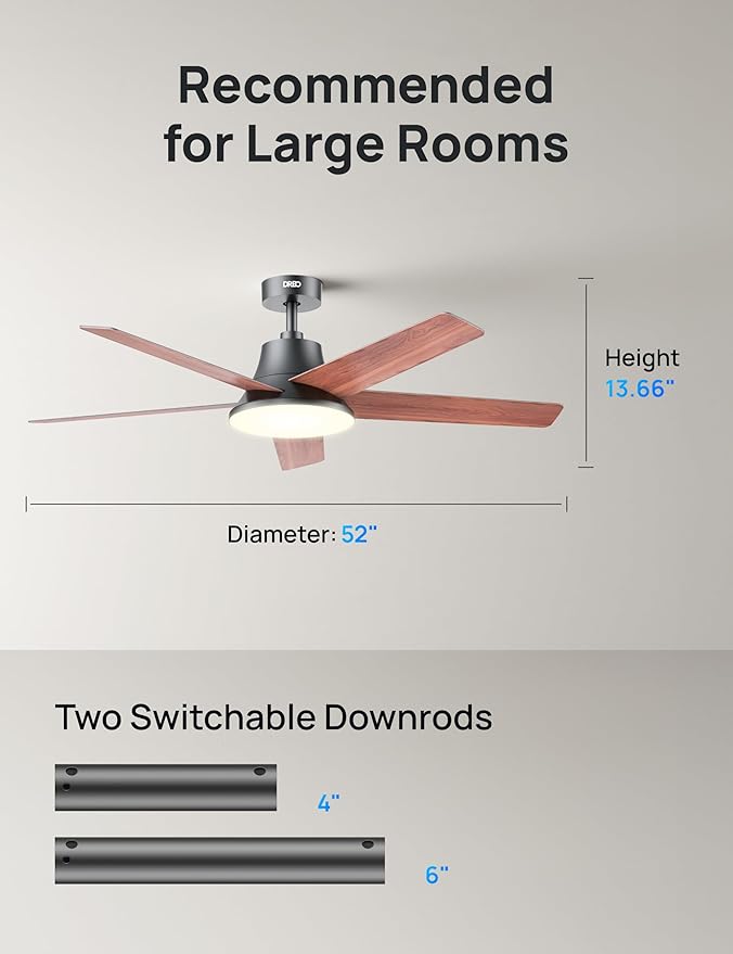 Dreo Ceiling Fans with Lights, 52 Inch, 6 Speeds, 5 Color Tones Dimmable LED, Quiet Reversible DC Motor, Remote, 8H Timer, Black Ceiling Fan for Bedroom, Living Room, Easy to Install