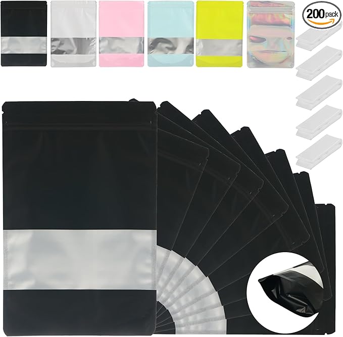 200 Pcs Mylar Bags for Food Storage 4x6 Mylar Bag with Window, Foil Stand Up Resealable Bags for Food, Smell Proof Bag Freeze Dried Candy Packaging Sealable Pouch Jewelry Bracelet Pouch Black