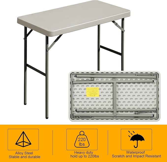 Folding Table 2.7ft Rectangular All-Occasion Plastic Folding Event Table for Indoor and Outdoor, Portable Desk, Camping, Durable and Stable, HDPE and Steel, Wide Application, Grey