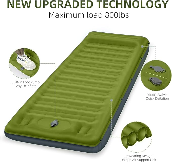 Camping Sleeping Pad, Extra Thick 5 Inch Camping Mat with Pillow Built-in Foot Pump Inflatable Sleeping Pads Compact for Camping Backpacking Hiking Traveling Tent