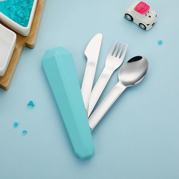 DEVICO Travel Utensils with Case, Reusable Camping Silverware Cutlery, 18/8 Stainless Steel Portable Fork Spoon Knife Set for Lunch Picnic School Workplace (Teal)