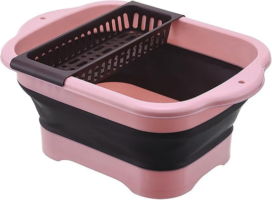 2.77 Gallon (10.5L) Collapsible Dish Basin with Drain Plug, Outdoor Multiuse Foldable Sink Tub, Dishpan, Wash Basin, Portable Kitchen Storage Tray for Camping, RV, Beverage Bucket (Pink)