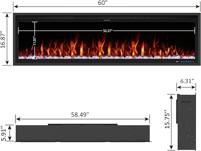 Benrocks 60'' WiFi- Enabled Electric Fireplace Inserts - Alexa & App Control, Slim Recessed & Wall Mounted, 13 * 13 * 3 Flame Color Combinations, 750W/1500W, Black