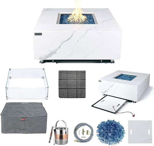 Elementi+ | Bundle Bianco Gas Fire Pit | Marble Porcelain & Metal Frame | 40" Square Fire Table | Electronic Ignition | Canvas Cover, Fire Glass & Burner Lid Included | White | Natural Gas