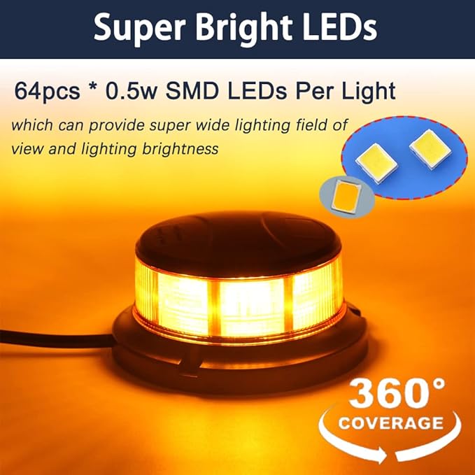4.3inchs 64LEDs Rotating Beacon Light, 12-24V Small Emergency Lights for Vehicles, Amber Magnetic Strobe Lights for Trucks, 10 Modes Safety Warning Lights for Trucks Vehicles Cars