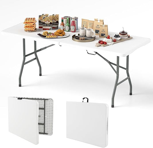 Goplus 6ft Plastic Folding Table, 350 LBS Outdoor Heavy Duty Folding Tables with HDPE Tabletop, Handle, Lock, Foldable Rectangle Portable Utility Card Table for Picnic, Party, Camping, Dining