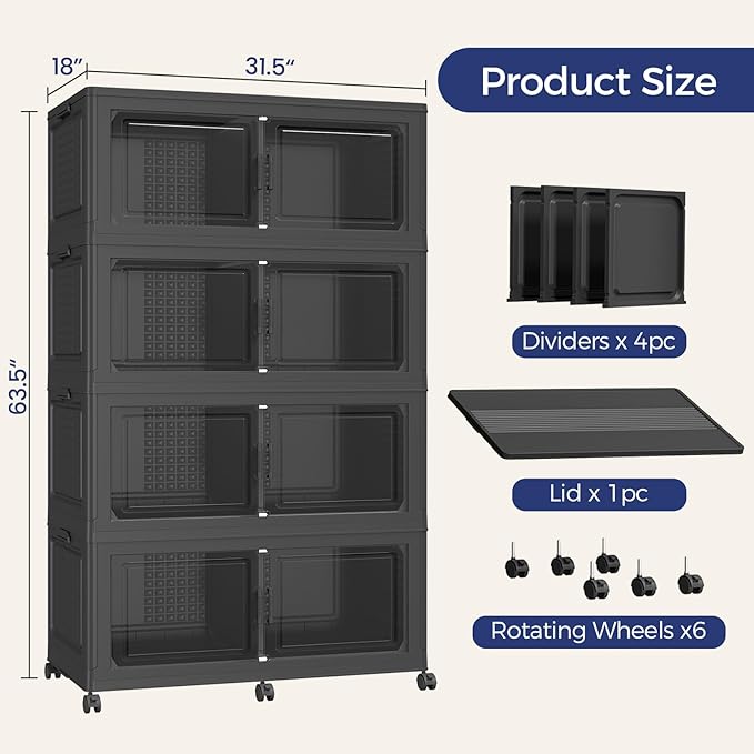 250GAL Extra Large Storage Bins with Lid, 1000Qt Stackable Closet Organizers and Drawers, Collapsible Storage Bins with Wheels, Folding Storages Cabinet for Home Bedroom Office, 5Pack Black