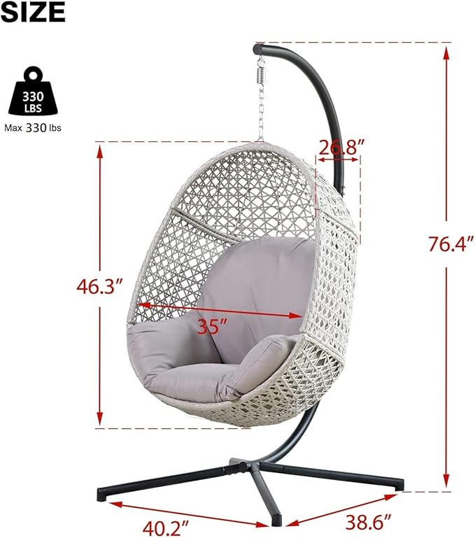 Hanging Egg Chair with Stand, Wicker Egg Swing Chair PE Rattan Hanging Chair Comfort Cushion, 350LBS Capacity for Indoor Bedroom Outdoor Porch Garden (Grey)