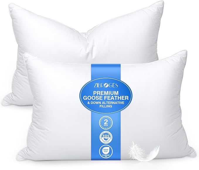 Goose Feather Pillow Queen Size Set of 2 - Down Hotel Bed Pillows for Sleeping, Soft 600 Thread Count Cotton Cover, Fluffy Support Surround Fill Polyester for Back, Stomach, Side Sleepers